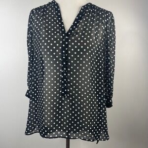 LC Lauren Conrad Polka Dot Blouse Womens XL Black White Sheer Chiffon Top V-Neck